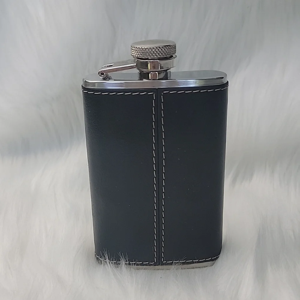 Black Faux Leather Contrast White Stitching Stainless Steel 3.5 oz. Pocket Flask